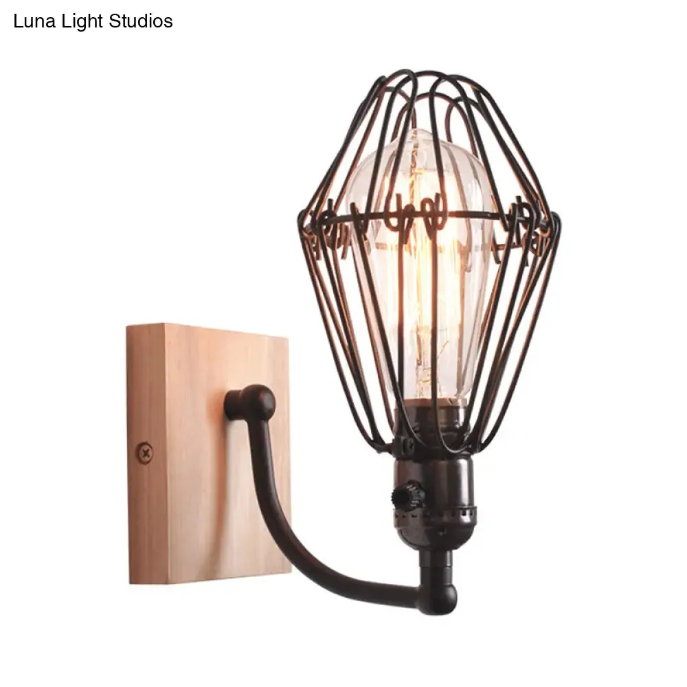 Antique Style Caged Wrought Iron Wall Lamp with Wooden Backplate - 1 Bulb Wall Lighting in Black