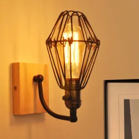 Antique Style Caged Wrought Iron Wall Lamp with Wooden Backplate - 1 Bulb Wall Lighting in Black