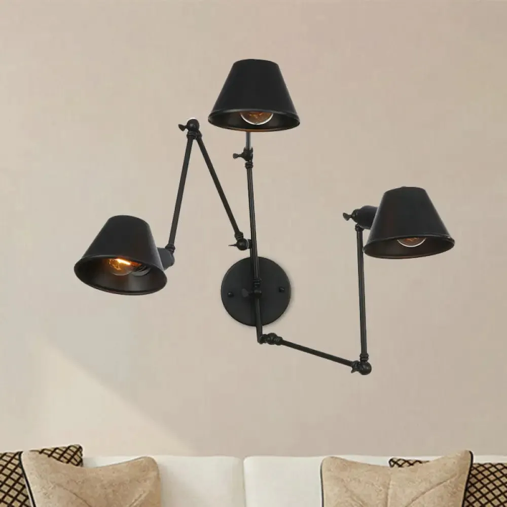 Antiqued Black Iron Swing Arm Sconce with Bell Shade - 2/3 Lights Bedroom Wall Lamp