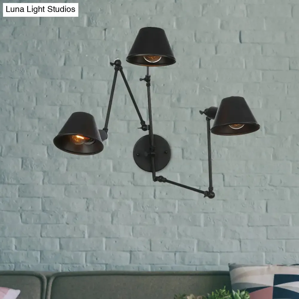 Antiqued Black Iron Swing Arm Sconce with Bell Shade - 2/3 Lights Bedroom Wall Lamp