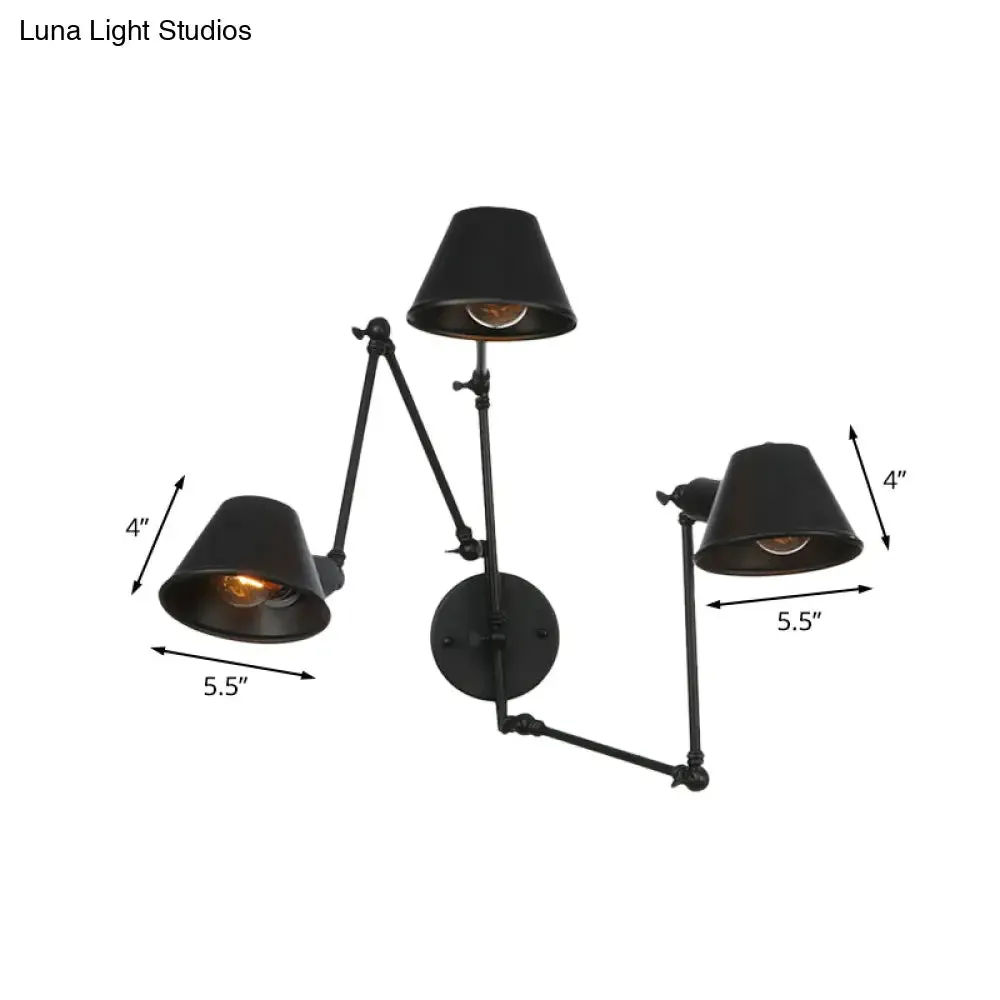 Antiqued Black Iron Swing Arm Sconce with Bell Shade - 2/3 Lights Bedroom Wall Lamp