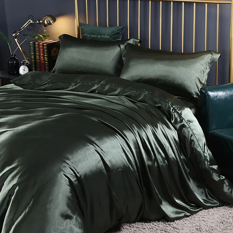 Anyhouz Beddings Sage Green US Queen Size 3 Pcs High End Satin Smooth Duvet Cover Set Luxury Polyester Silky Soft Cozy Bedding Set