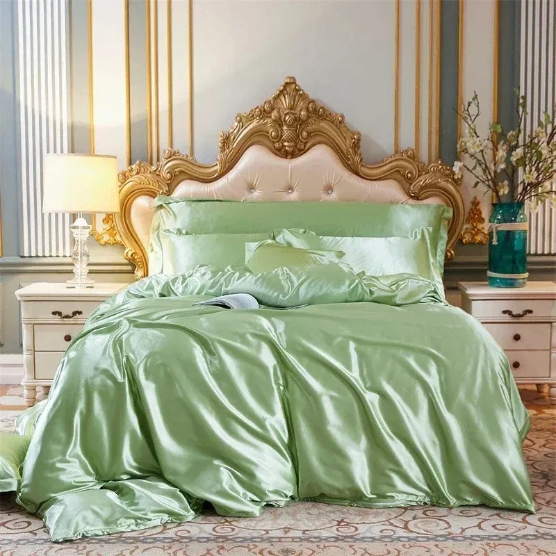 Anyhouz Beddings Sage Green US Queen Size 3 Pcs High End Satin Smooth Duvet Cover Set Luxury Polyester Silky Soft Cozy Bedding Set