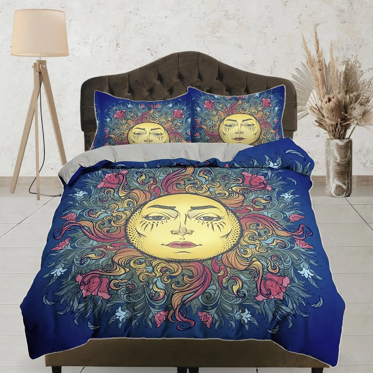 Astrology Sun Boho Navy Blue Bedding, Zodiac Gift Celestial Dorm Bedding, Duvet Cover Set, Aesthetic Duvet Cover King Queen Full Twin Single