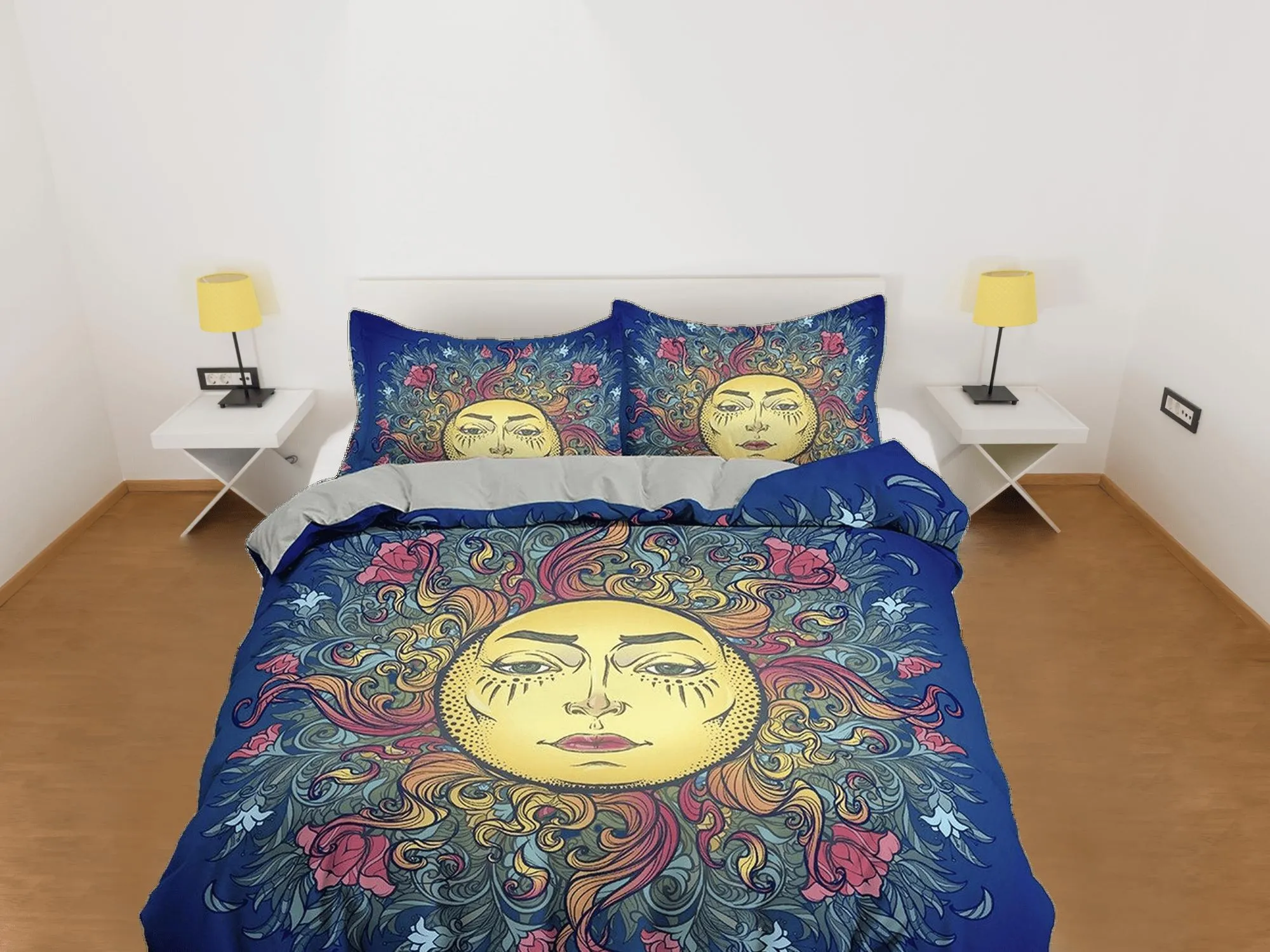 Astrology Sun Boho Navy Blue Bedding, Zodiac Gift Celestial Dorm Bedding, Duvet Cover Set, Aesthetic Duvet Cover King Queen Full Twin Single