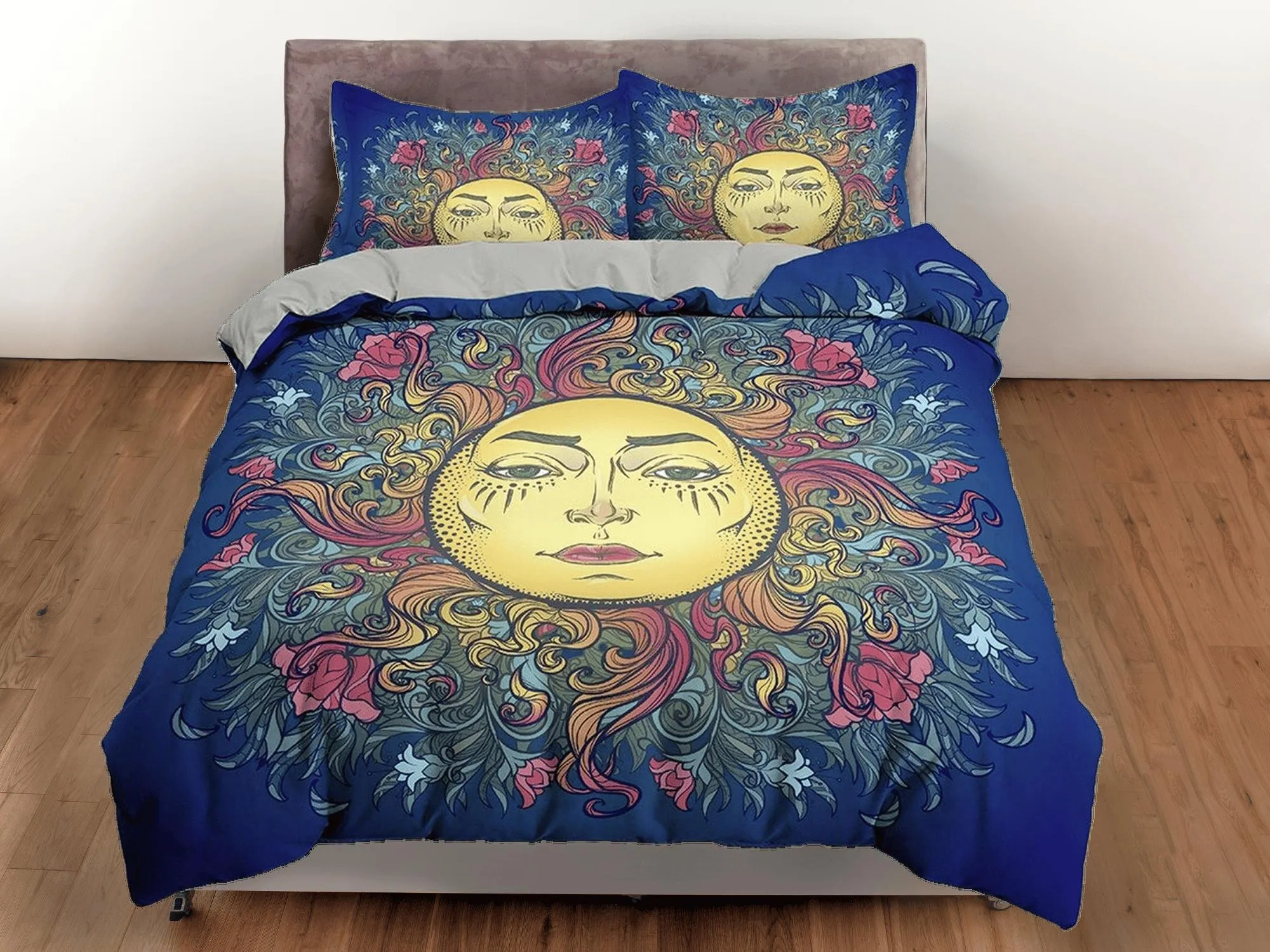 Astrology Sun Boho Navy Blue Bedding, Zodiac Gift Celestial Dorm Bedding, Duvet Cover Set, Aesthetic Duvet Cover King Queen Full Twin Single