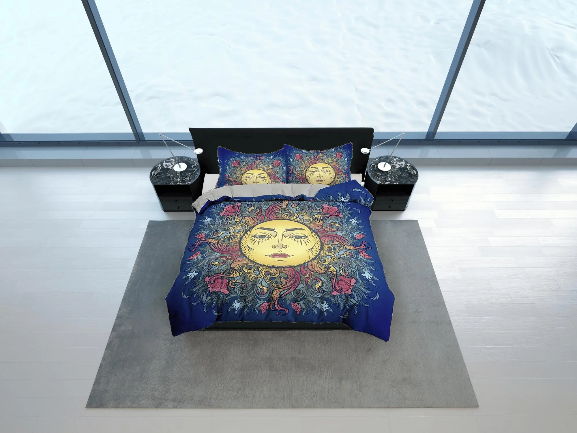 Astrology Sun Boho Navy Blue Bedding, Zodiac Gift Celestial Dorm Bedding, Duvet Cover Set, Aesthetic Duvet Cover King Queen Full Twin Single