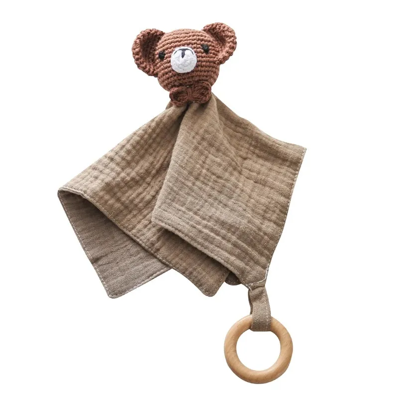 Baby Cotton Soothing Towel With Crochet Rabbit Bear Rattle Wooden Ring Bracelet Newborn Saliva Towel Newborn Sleep Teether Toys