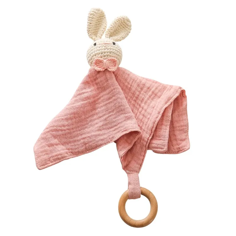 Baby Cotton Soothing Towel With Crochet Rabbit Bear Rattle Wooden Ring Bracelet Newborn Saliva Towel Newborn Sleep Teether Toys