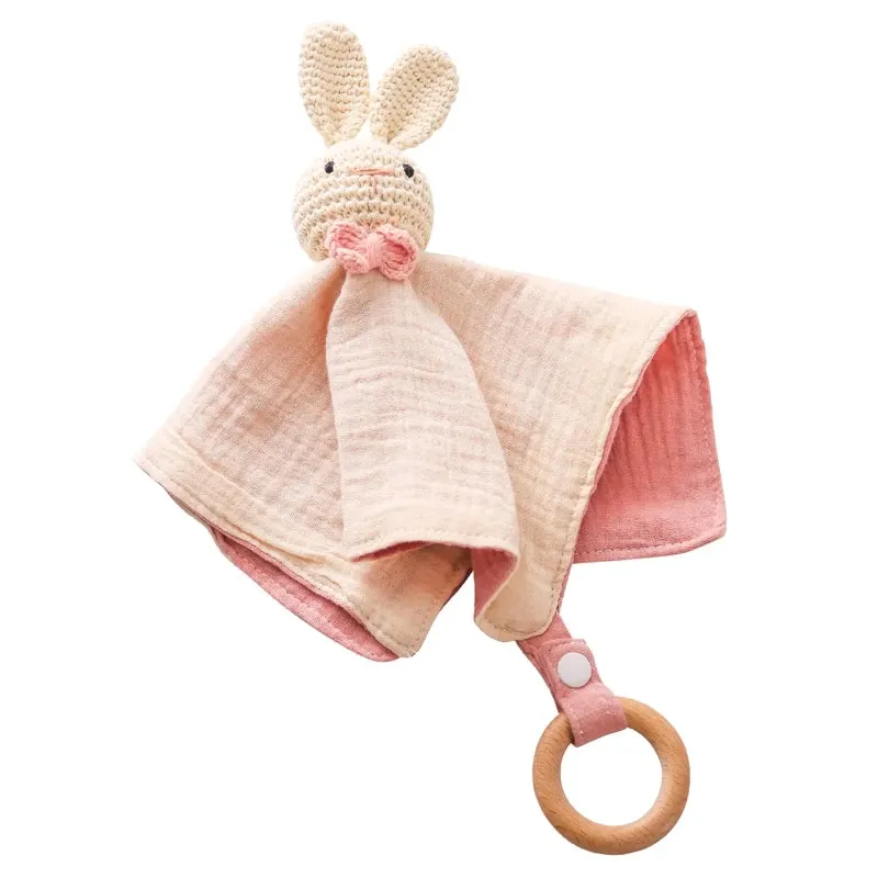 Baby Cotton Soothing Towel With Crochet Rabbit Bear Rattle Wooden Ring Bracelet Newborn Saliva Towel Newborn Sleep Teether Toys