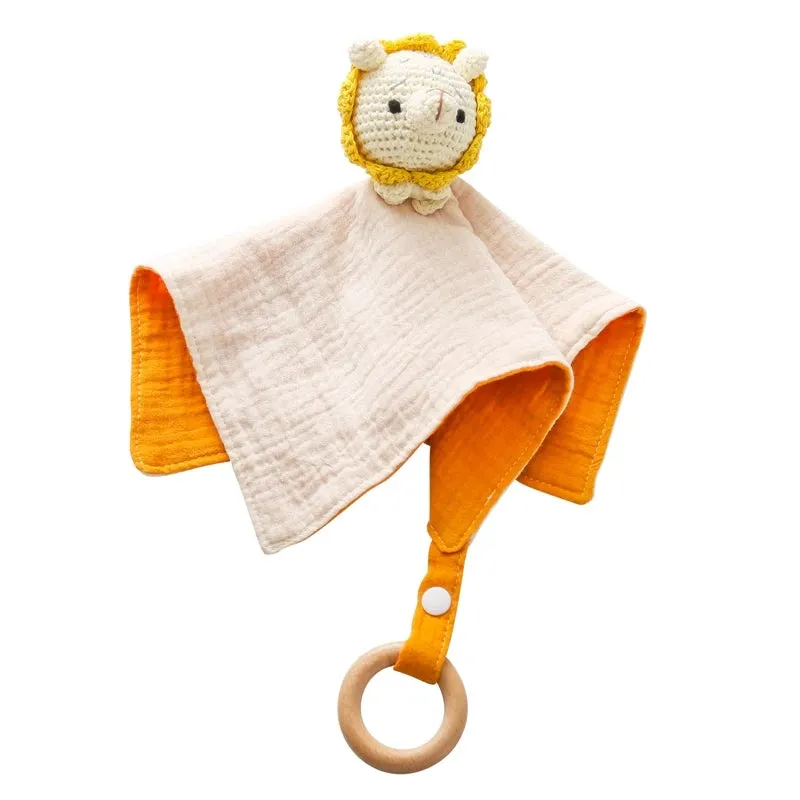 Baby Cotton Soothing Towel With Crochet Rabbit Bear Rattle Wooden Ring Bracelet Newborn Saliva Towel Newborn Sleep Teether Toys