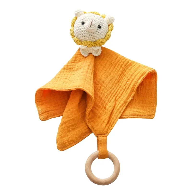 Baby Cotton Soothing Towel With Crochet Rabbit Bear Rattle Wooden Ring Bracelet Newborn Saliva Towel Newborn Sleep Teether Toys