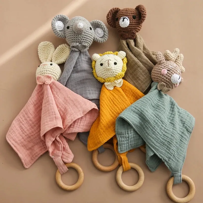 Baby Cotton Soothing Towel With Crochet Rabbit Bear Rattle Wooden Ring Bracelet Newborn Saliva Towel Newborn Sleep Teether Toys