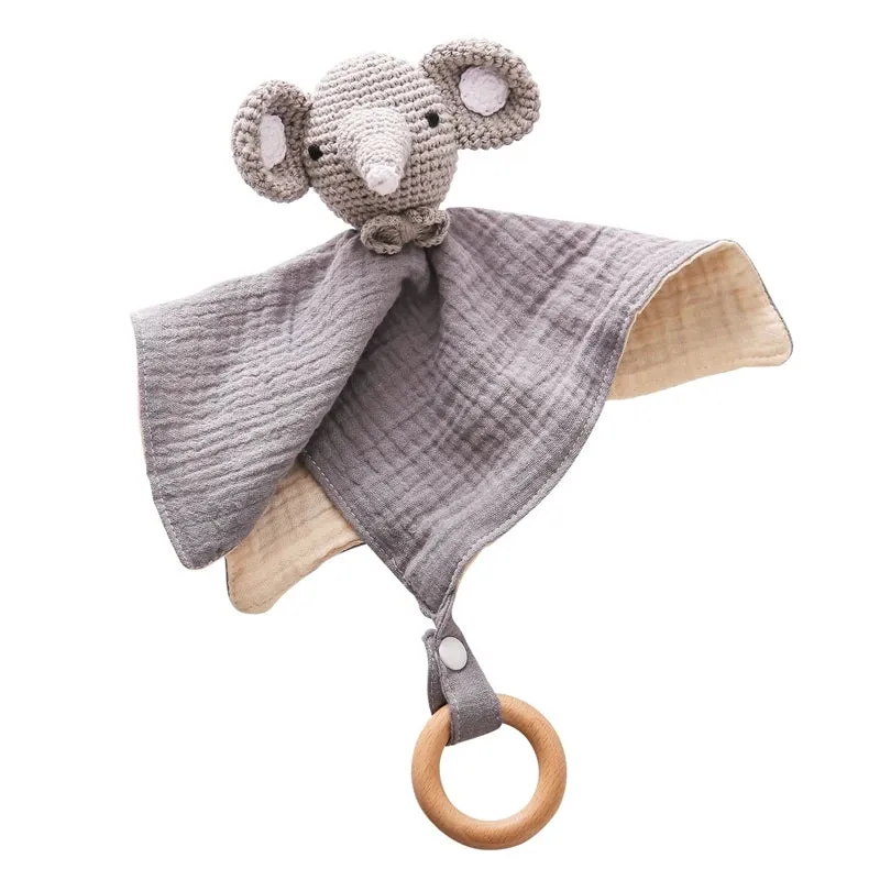 Baby Cotton Soothing Towel With Crochet Rabbit Bear Rattle Wooden Ring Bracelet Newborn Saliva Towel Newborn Sleep Teether Toys