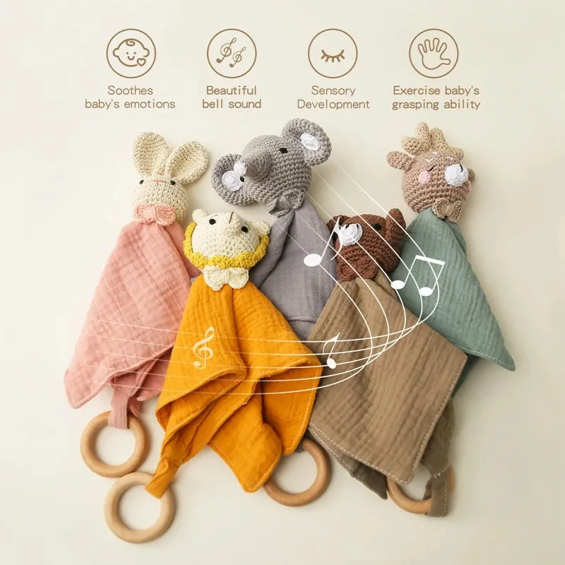 Baby Cotton Soothing Towel With Crochet Rabbit Bear Rattle Wooden Ring Bracelet Newborn Saliva Towel Newborn Sleep Teether Toys