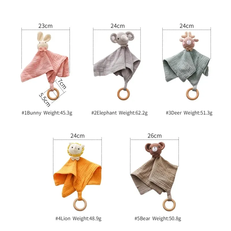 Baby Cotton Soothing Towel With Crochet Rabbit Bear Rattle Wooden Ring Bracelet Newborn Saliva Towel Newborn Sleep Teether Toys