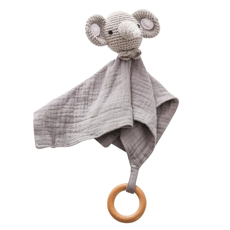 Baby Cotton Soothing Towel With Crochet Rabbit Bear Rattle Wooden Ring Bracelet Newborn Saliva Towel Newborn Sleep Teether Toys