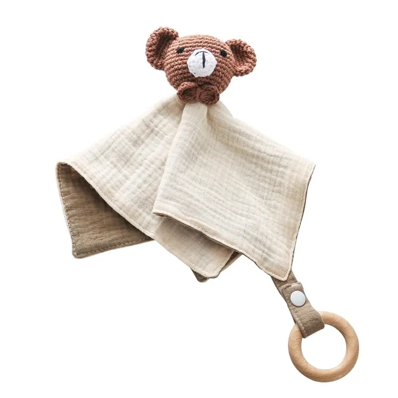 Baby Cotton Soothing Towel With Crochet Rabbit Bear Rattle Wooden Ring Bracelet Newborn Saliva Towel Newborn Sleep Teether Toys