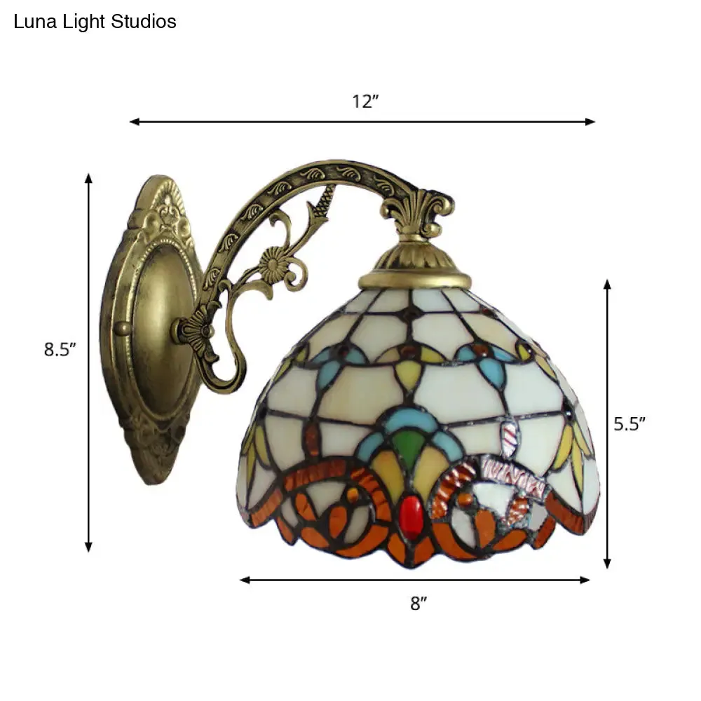 Beige Domed Tiffany Victoria Wall Light - Engraved Arm, Stained Glass Lamp for Corridor