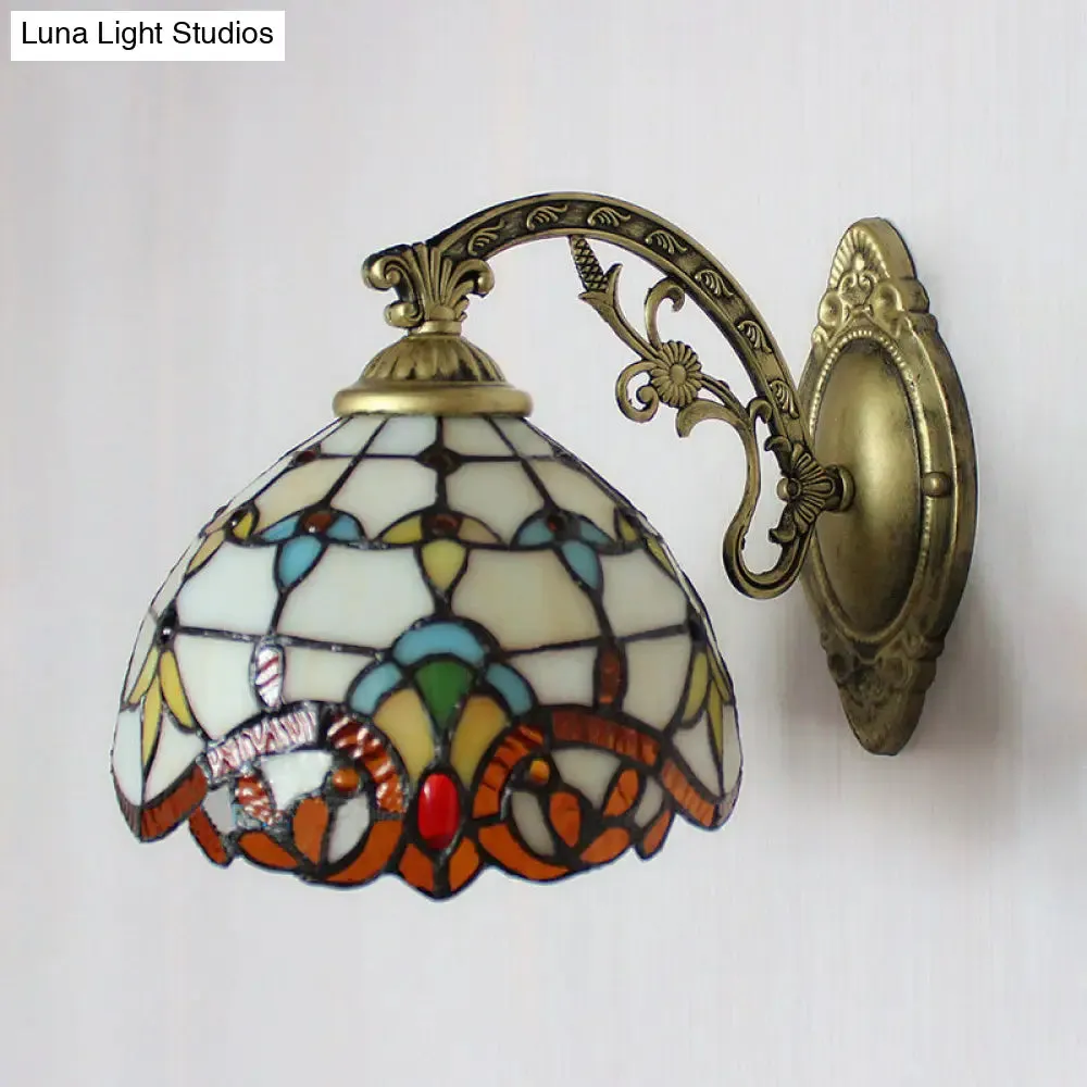 Beige Domed Tiffany Victoria Wall Light - Engraved Arm, Stained Glass Lamp for Corridor