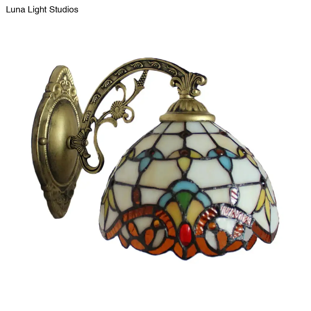 Beige Domed Tiffany Victoria Wall Light - Engraved Arm, Stained Glass Lamp for Corridor