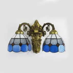 Beige/Blue Stained Glass Sconce Lamp: Vintage Retro Wall Lighting in Aged Brass - 2 Heads