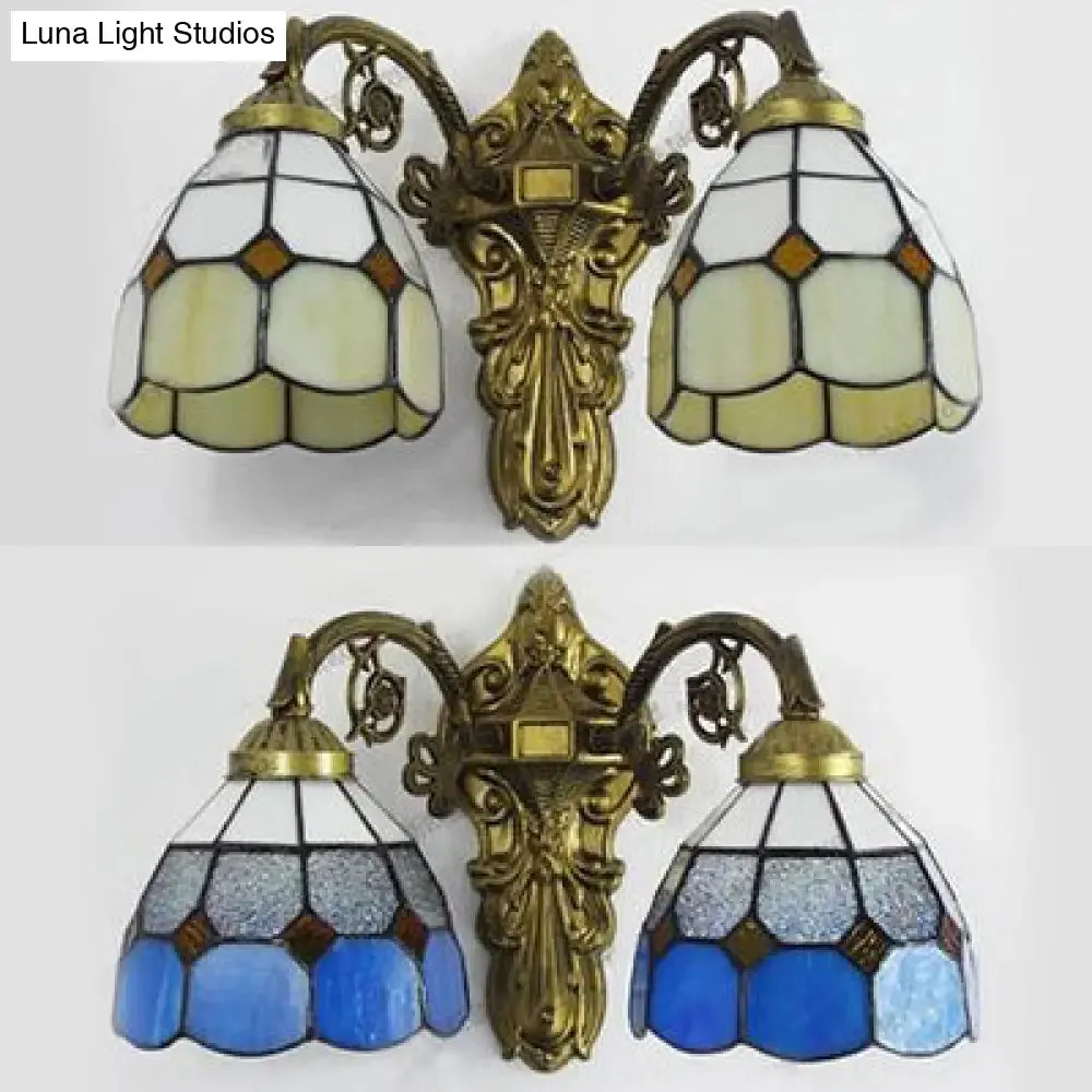 Beige/Blue Stained Glass Sconce Lamp: Vintage Retro Wall Lighting in Aged Brass - 2 Heads