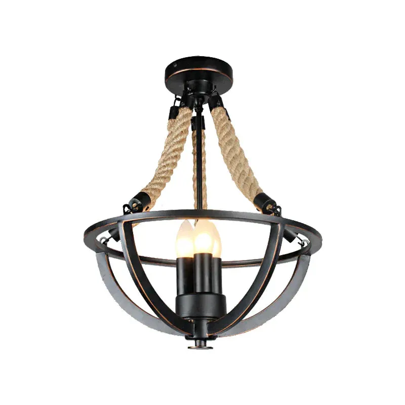 Black 3-Light Pendant Chandelier Industrial Metal and Rope Candle Hanging Light for Living Room