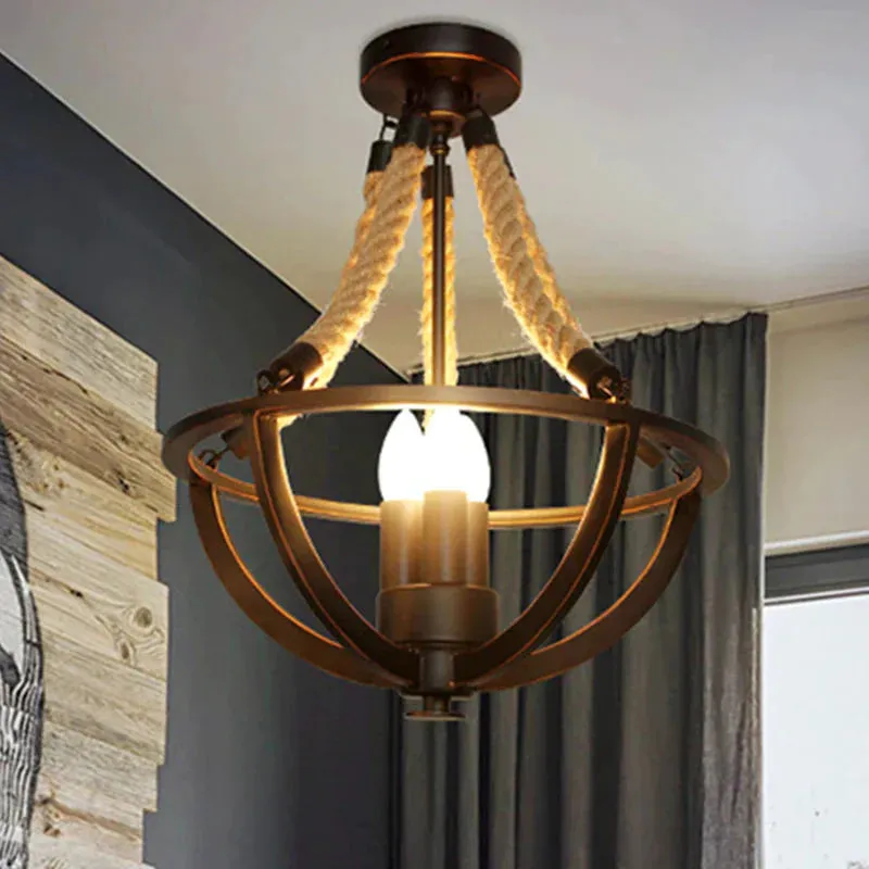 Black 3-Light Pendant Chandelier Industrial Metal and Rope Candle Hanging Light for Living Room