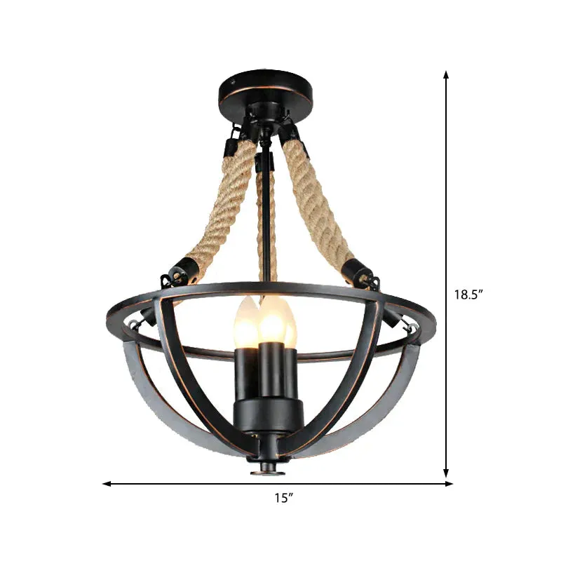 Black 3-Light Pendant Chandelier Industrial Metal and Rope Candle Hanging Light for Living Room