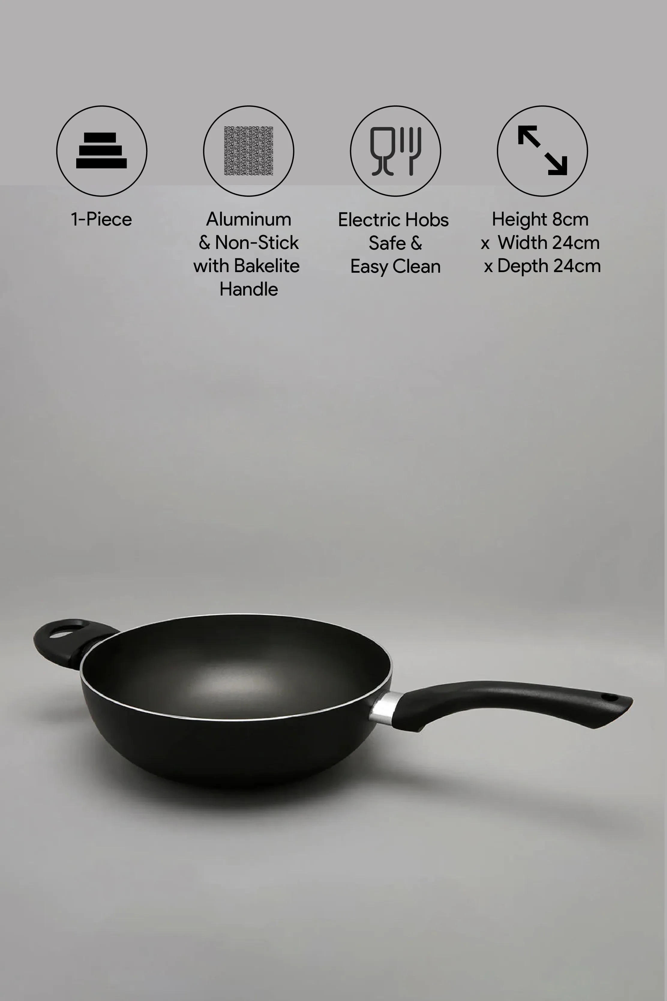 Black Aluminum Nonstick Wok Pan (24cm)