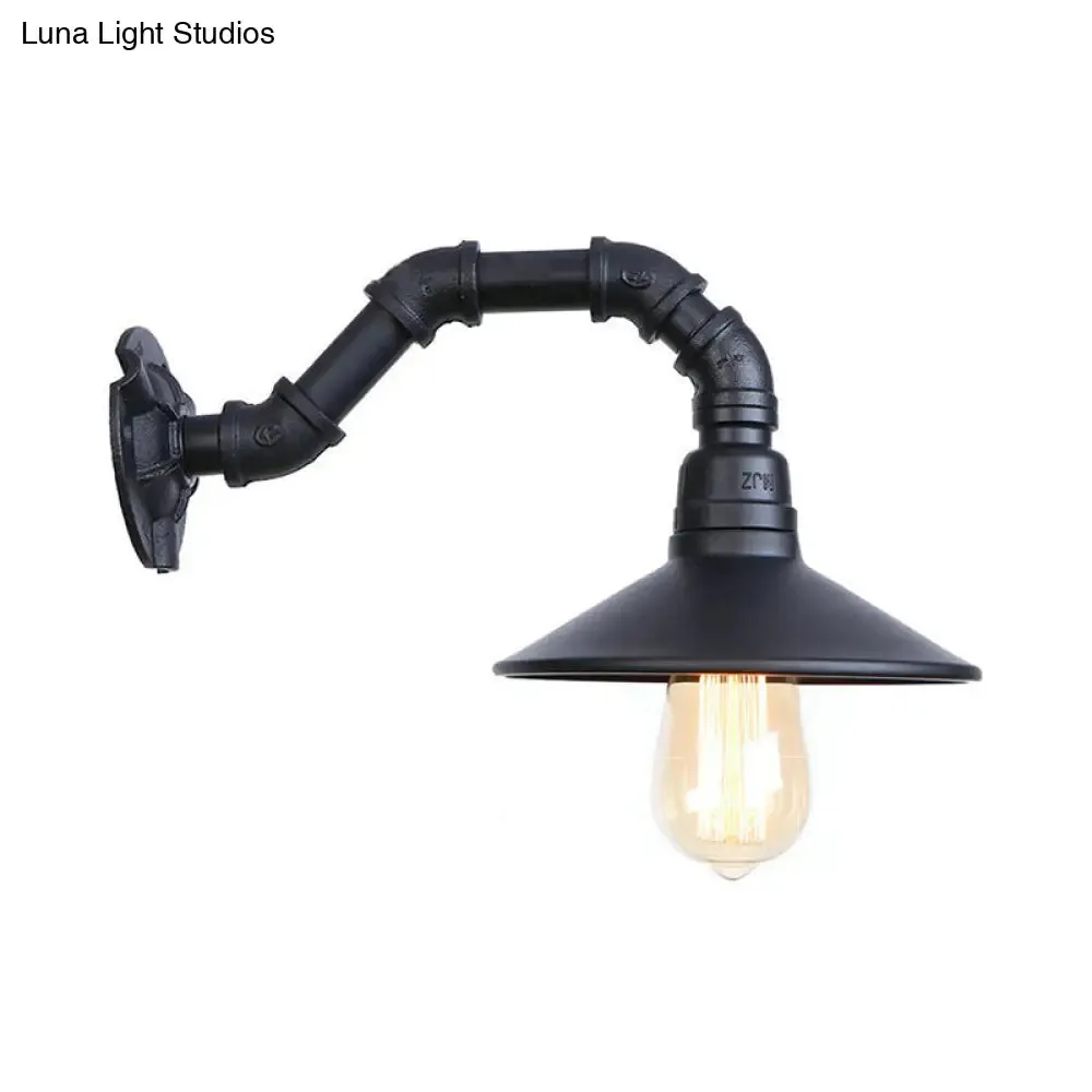 Black Finish Industrial Wall Light with Curved Pipe and Saucer Shade