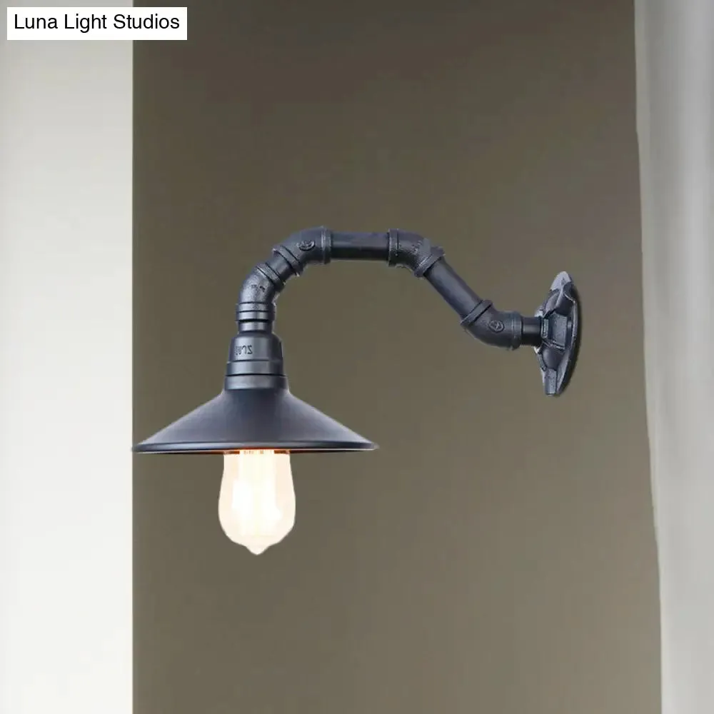 Black Finish Industrial Wall Light with Curved Pipe and Saucer Shade