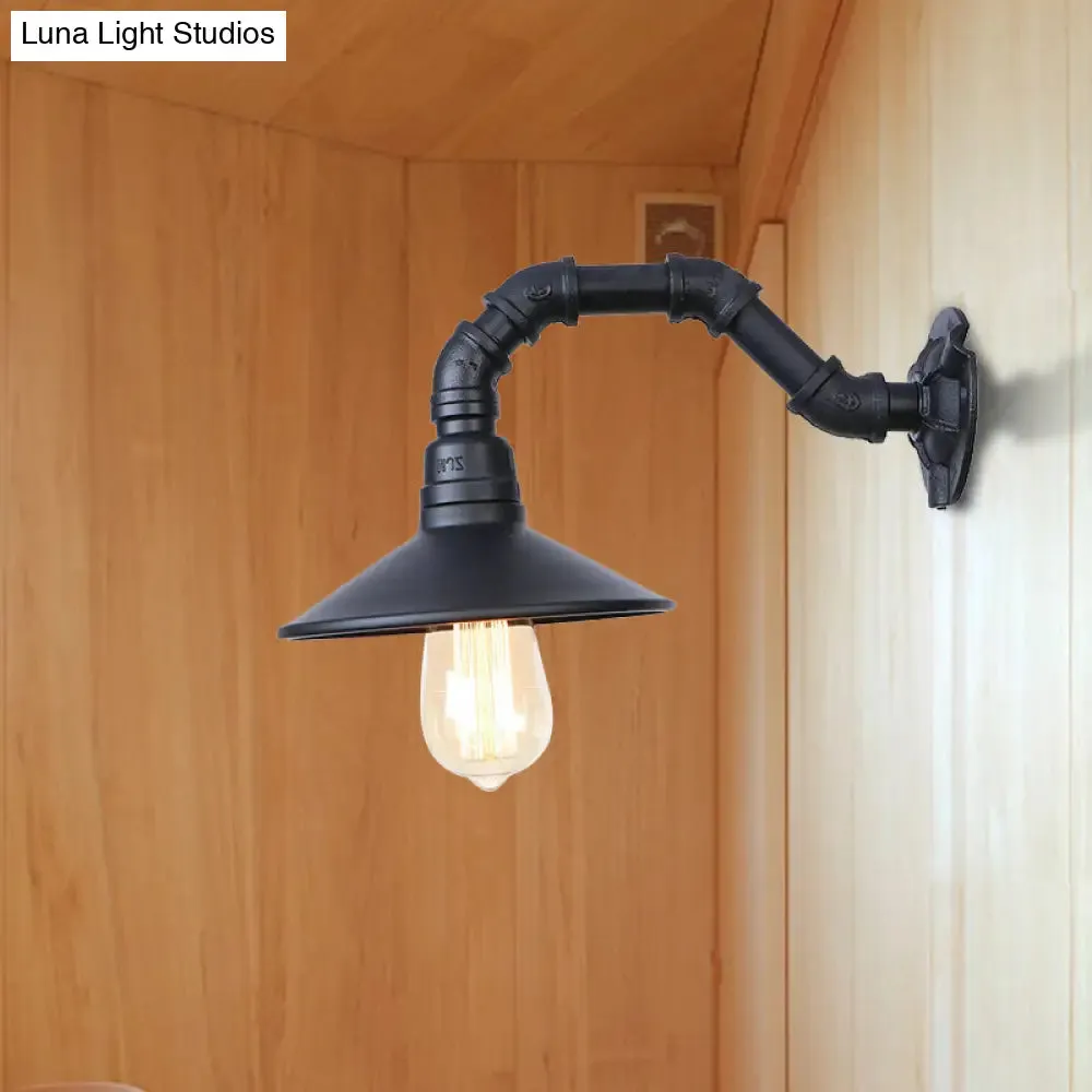 Black Finish Industrial Wall Light with Curved Pipe and Saucer Shade