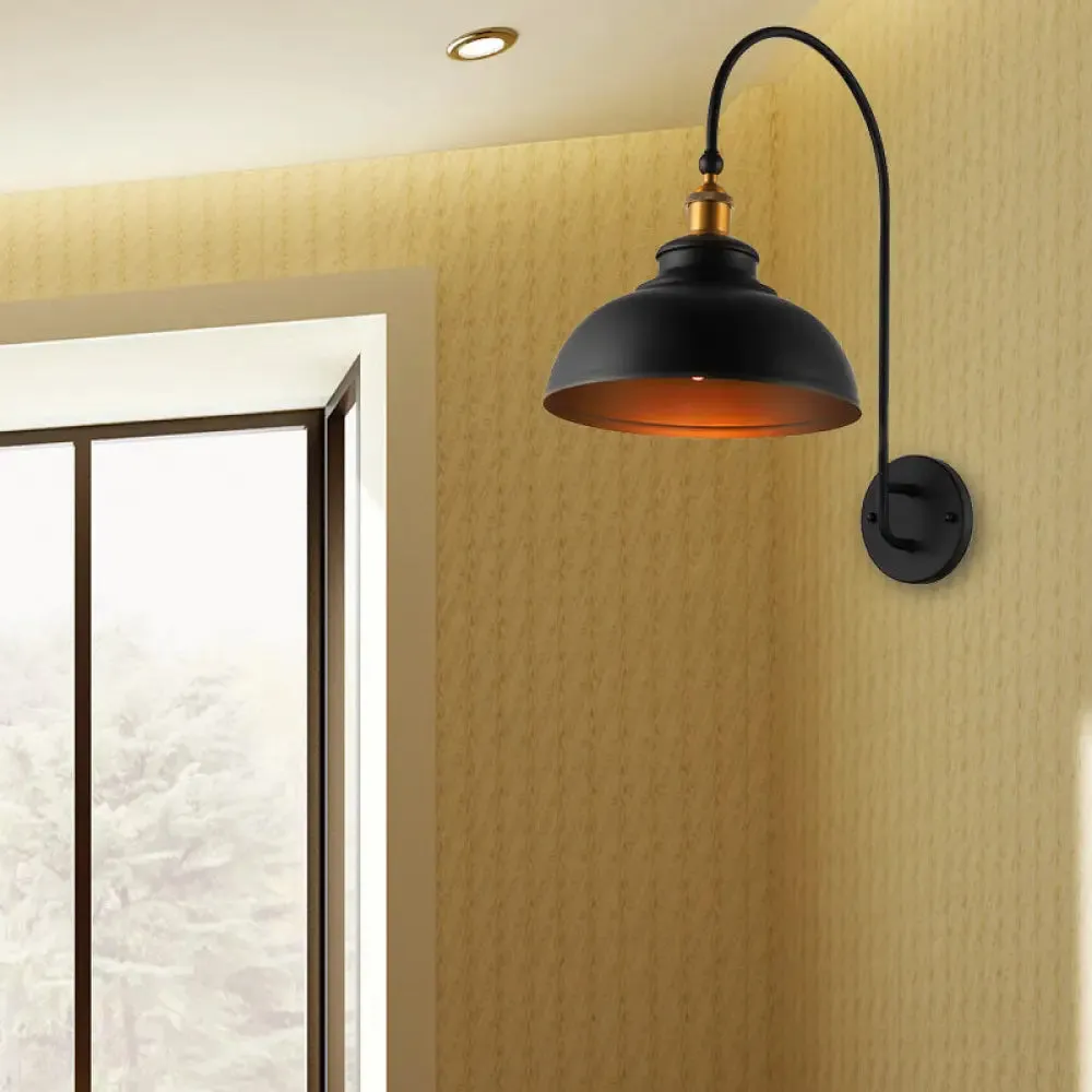 Black Industrial Style Wall Sconce with Bowl Shade & Arched Arm - Bedside Lighting Solution