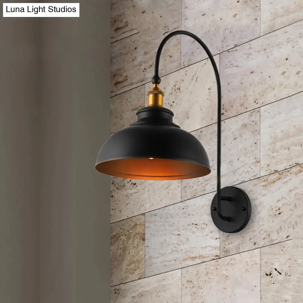 Black Industrial Style Wall Sconce with Bowl Shade & Arched Arm - Bedside Lighting Solution