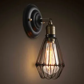 Black Industrial Wall Mount Iron Light Fixture with Single Pear Cage Bulb