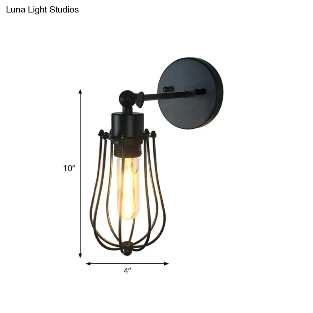 Black Retro Style Cylinder/Oval Caged Wall Mount Light - Metallic Mini Wall Lighting with 1 Head