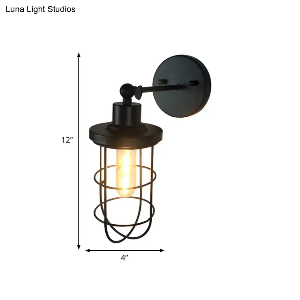 Black Retro Style Cylinder/Oval Caged Wall Mount Light - Metallic Mini Wall Lighting with 1 Head