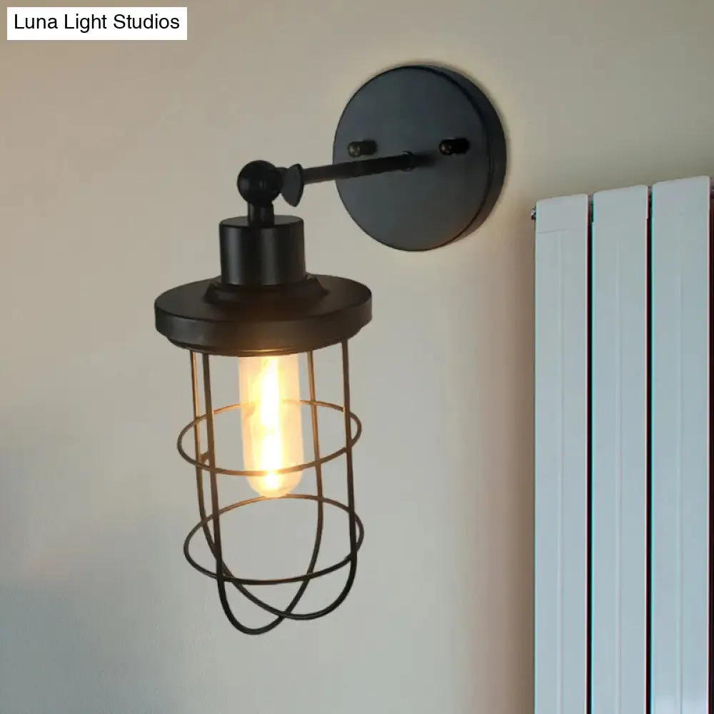 Black Retro Style Cylinder/Oval Caged Wall Mount Light - Metallic Mini Wall Lighting with 1 Head