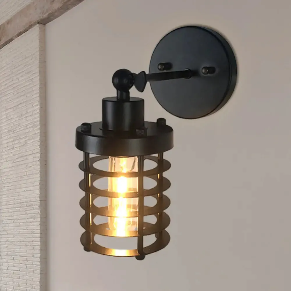 Black Retro Style Cylinder/Oval Caged Wall Mount Light - Metallic Mini Wall Lighting with 1 Head