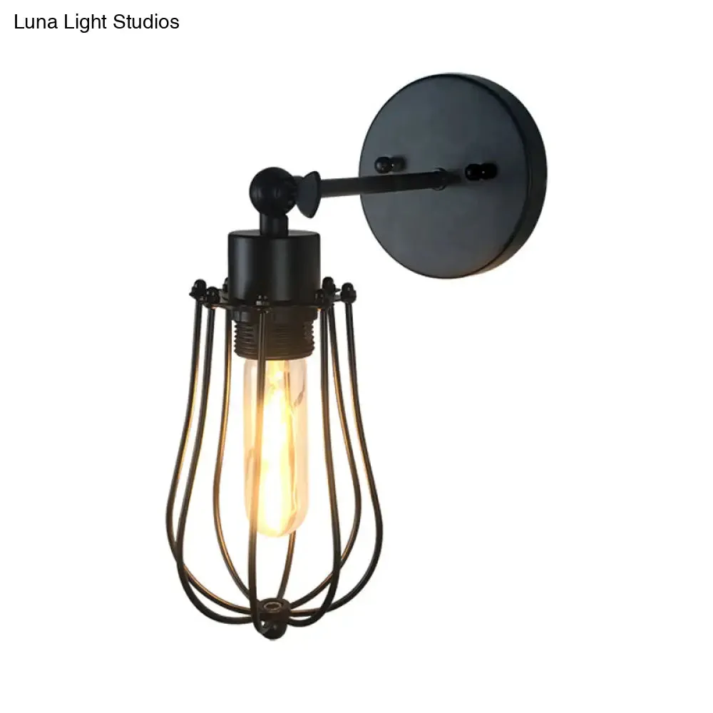 Black Retro Style Cylinder/Oval Caged Wall Mount Light - Metallic Mini Wall Lighting with 1 Head