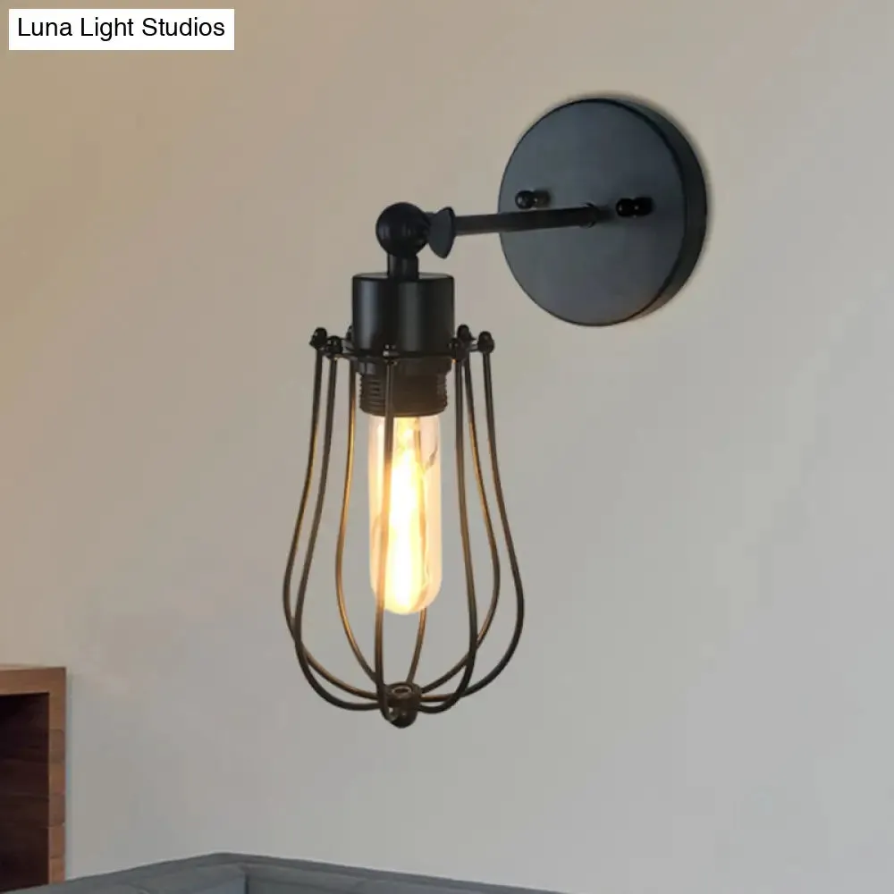 Black Retro Style Cylinder/Oval Caged Wall Mount Light - Metallic Mini Wall Lighting with 1 Head