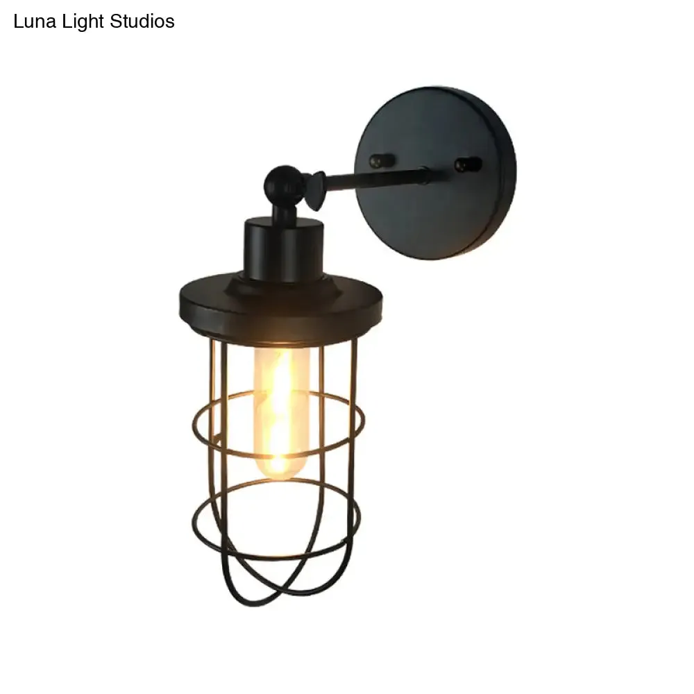 Black Retro Style Cylinder/Oval Caged Wall Mount Light - Metallic Mini Wall Lighting with 1 Head