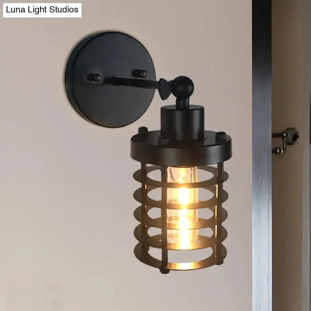 Black Retro Style Cylinder/Oval Caged Wall Mount Light - Metallic Mini Wall Lighting with 1 Head