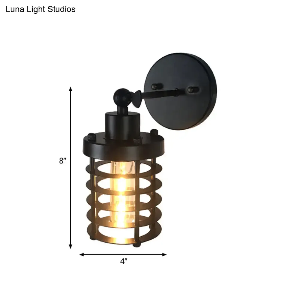 Black Retro Style Cylinder/Oval Caged Wall Mount Light - Metallic Mini Wall Lighting with 1 Head