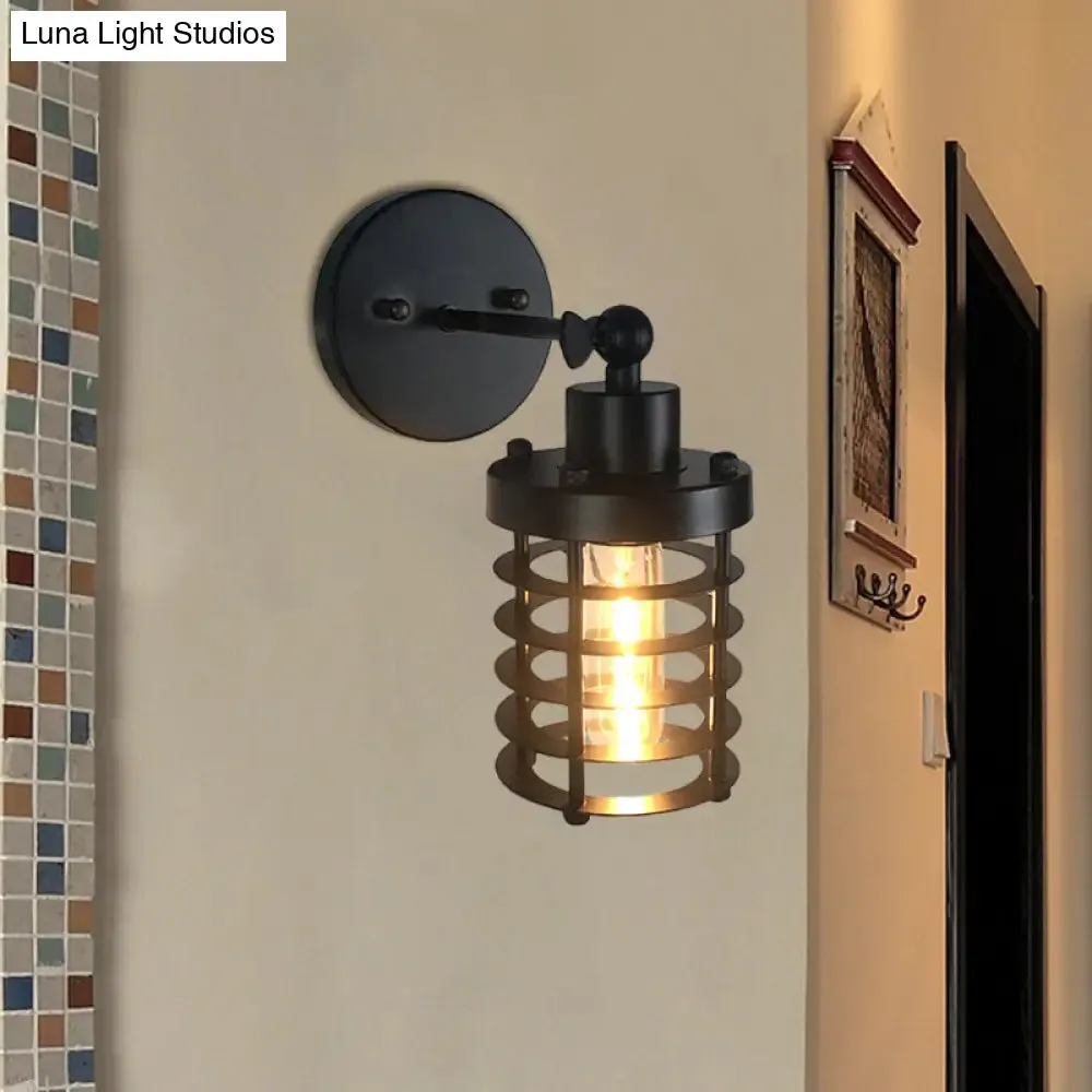 Black Retro Style Cylinder/Oval Caged Wall Mount Light - Metallic Mini Wall Lighting with 1 Head