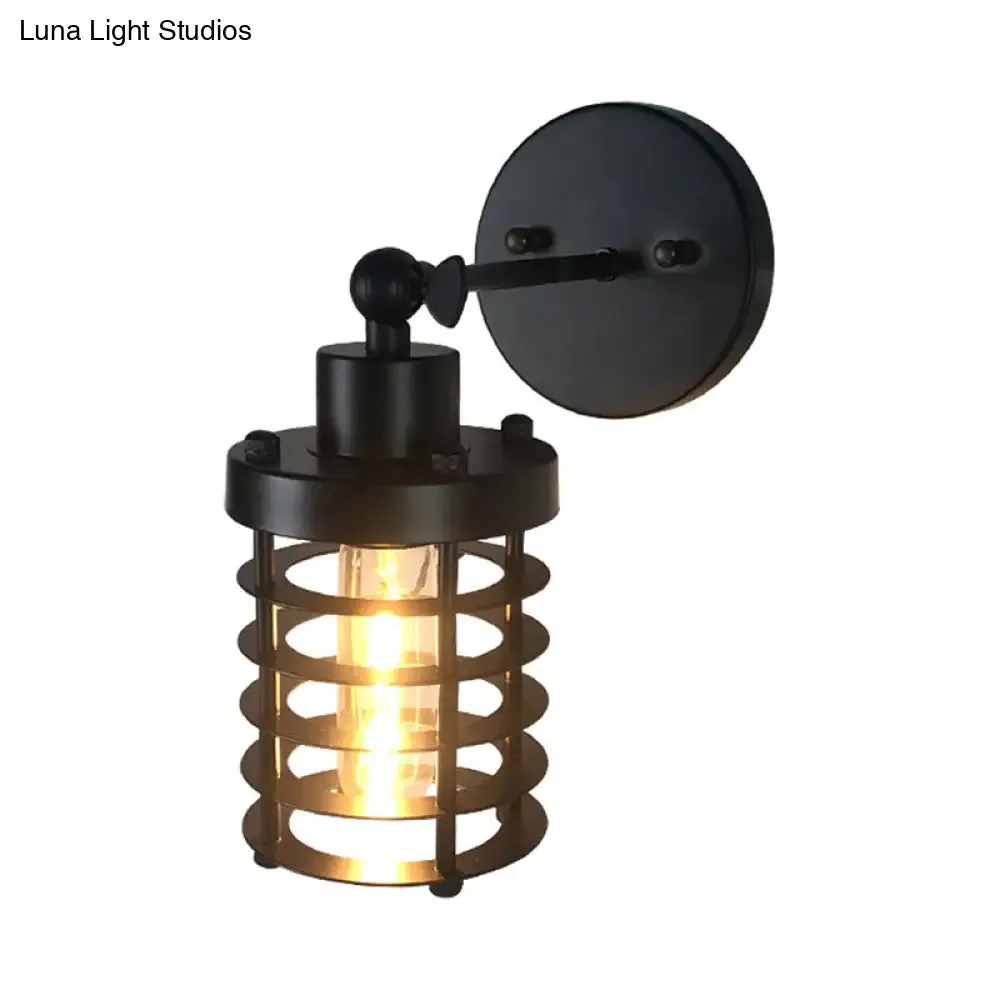 Black Retro Style Cylinder/Oval Caged Wall Mount Light - Metallic Mini Wall Lighting with 1 Head