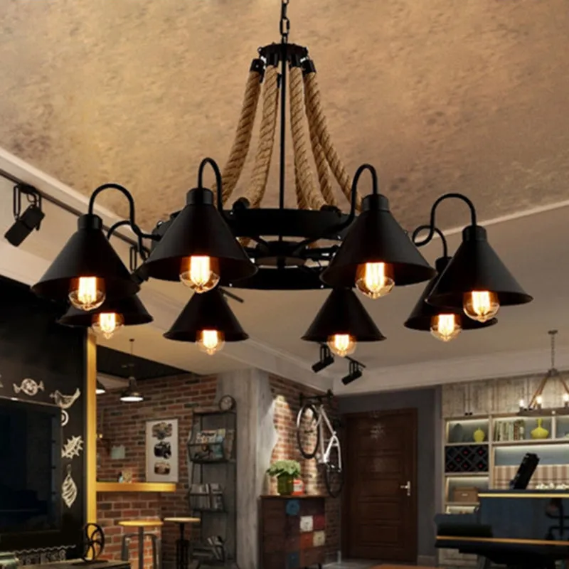 Black Rope and Metal Cone Industrial Hanging Chandelier Light - Industrial Art Design