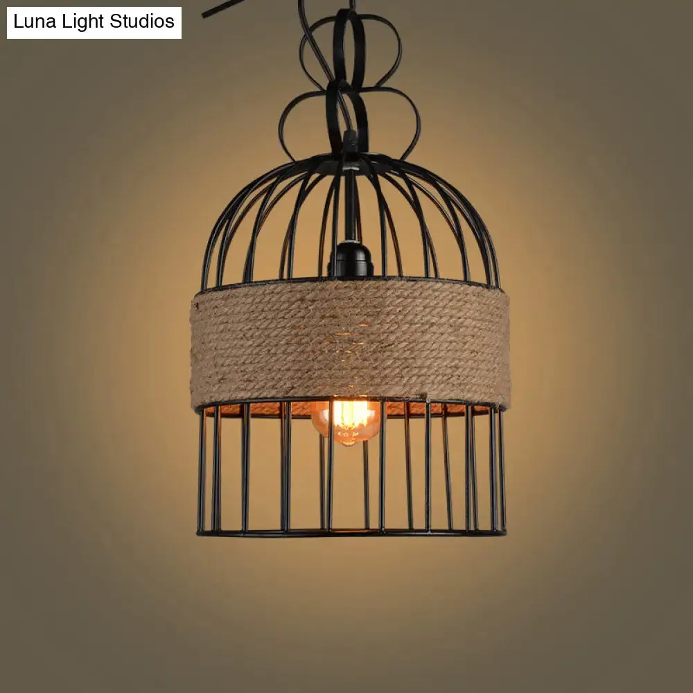 Black Vintage Birdcage Pendant Lamp with Hemp Rope